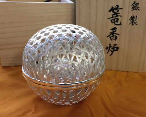 香炉　銀製 sk53-12,菊蓋花鳥香炉 銀香炉