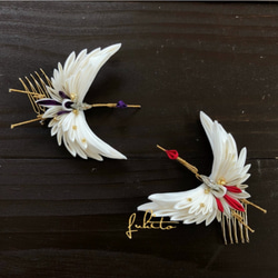 正絹羽二重つまみ細工　鶴の髪飾り　赤 2枚目の画像