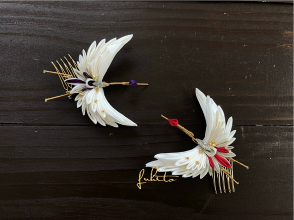 正絹羽二重　つまみ細工　鶴の髪飾り　紫 2枚目の画像