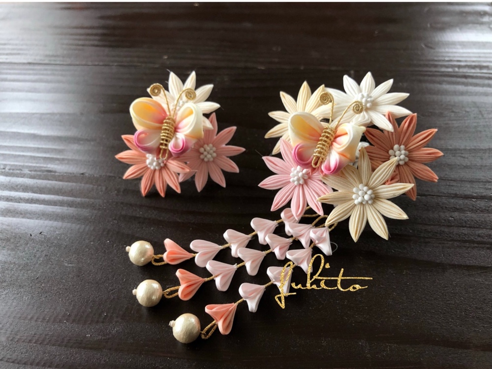 正絹羽二重　つまみ細工　七五三パステルカラーの髪飾りセット