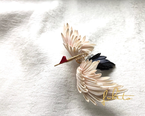 ちりめん髪飾り セット 鶴 水引き 白×ゴールド ハンドメイド つまみ細工 ちりめん髪飾り セット 鶴 水引き 白×ゴールド ハンドメイド