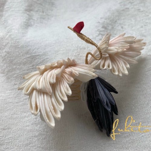 正絹羽二重つまみ細工 鶴の髪飾り B ヘッドドレス（アクセサリー） ふ