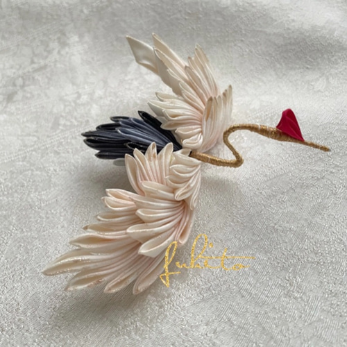 正絹 鶴☆つまみ細工 正絹羽二重つまみ細工 鶴の髪飾り B ヘッドドレス（アクセサリー