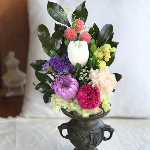 やま　　プリザーブドフラワー仏花　菊　一対ご依頼品 仏花 プリザーブドフラワー 仏壇用 デンファレ 菊 オレンジ