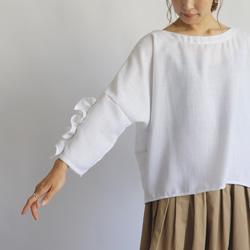 紗織コットン麻リネン「冬の白。大人甘めのふりフリル袖ブラウス」ゆったりシャツG01（sh133) 7枚目の画像