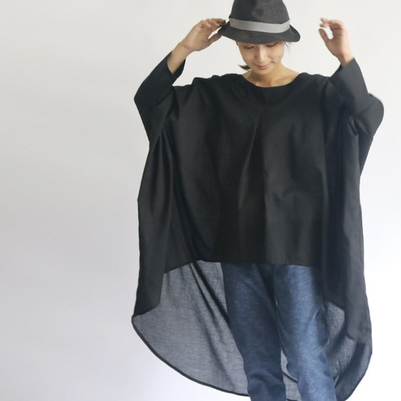 「魅せるプルオーバー 燕尾裾 変形ワイド シャツ」コットン100％ブラウス黒G94B（sh138) 7枚目の画像