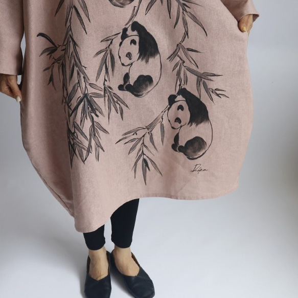 ●上質リネン麻コットン手描きART和画衣「子パンダと笹」贅沢一枚布 ゆったり ワンピース H96B（dr006pk) 6枚目の画像