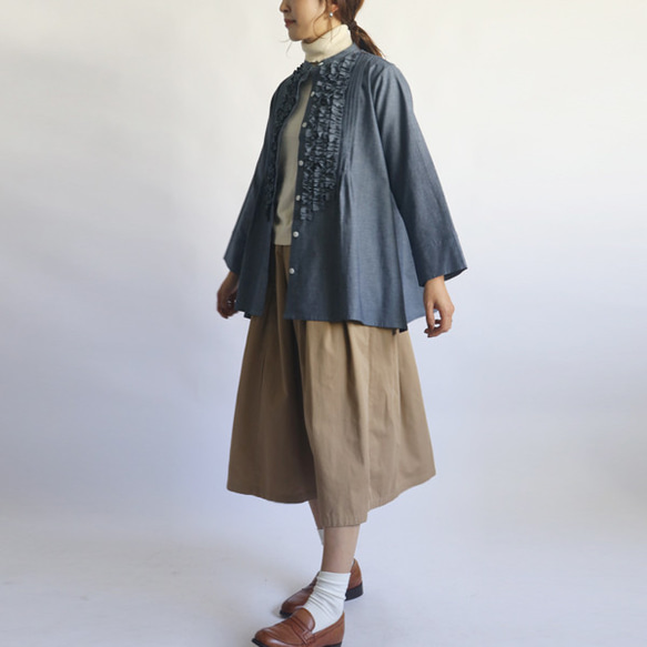 『贅沢フリル前開きシャツ ジャケット』コットン デニム生地。ブラウス羽織りK61（sh374) 7枚目の画像