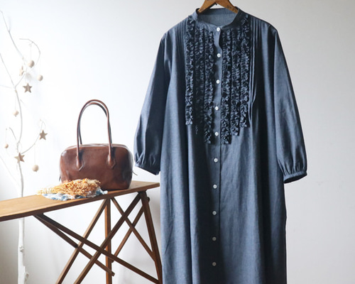 美品 インゲボルグ デニム ロングワンピース シャツワンピ カシュクール フリル 美品 インゲボルグ デニム ロングワンピース シャツワンピ