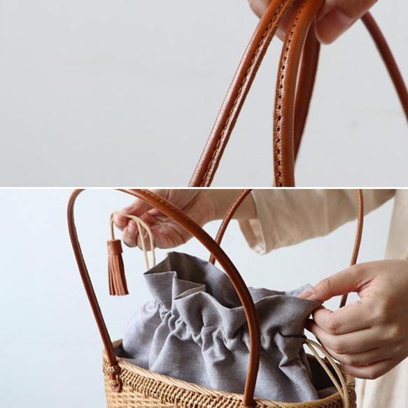 ⁑再製作。「手編む鞄」アタかごバッグ トートバッグ 巾着袋＆タッセル  着物 和装Z03C 2枚目の画像