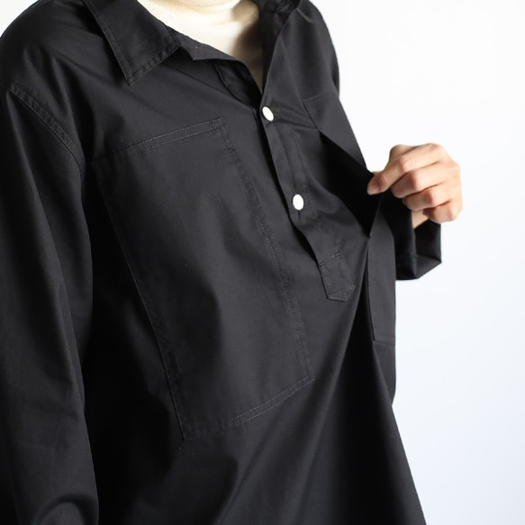 『縦長 胸ポケット シャツ』コットン１００％ポプリン素材 変形 ブラウス ブラック黒B73（sh109) 4枚目の画像