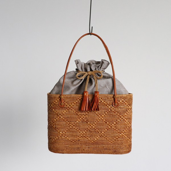 ＊ラスト２「手編む鞄」アタかごバッグ トートバッグ巾着袋＆タッセル 着物 和装　伝統工芸 Z03B 1枚目の画像