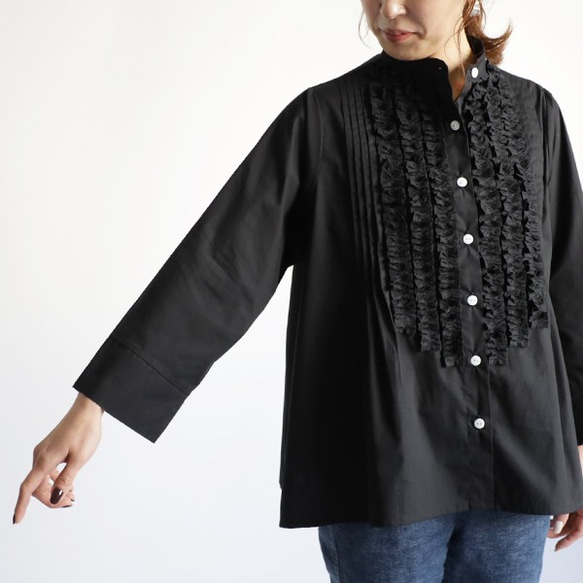 ⁂『贅沢フリル シャツ ジャケット 』コットン１００％ブラウス黒A56A(sh374) 7枚目の画像