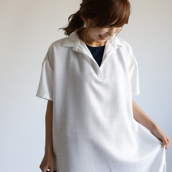 『スキッパー襟スリットゆったりシャツ ワンピース』紗織コットン ホワイト 白 A67（dr562) 4枚目の画像