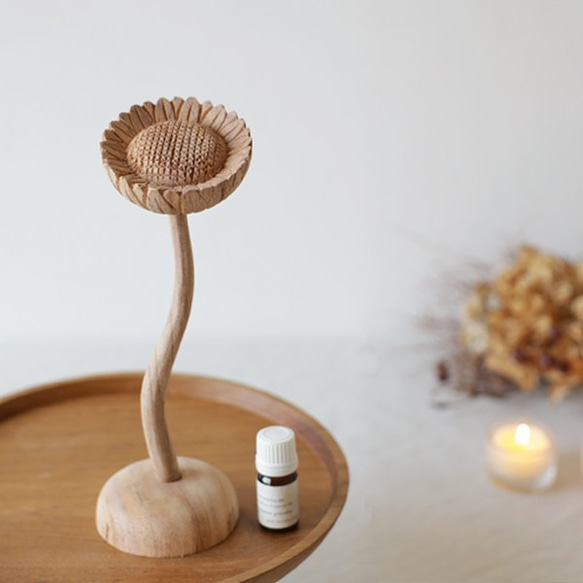 ⁂ラスト1 再制作 天然無垢ウッド『香る木の花 ひまわり』アロマウッド 木の置物ナチュラル オブジェ アロマX72B ディフューザー・アロマ