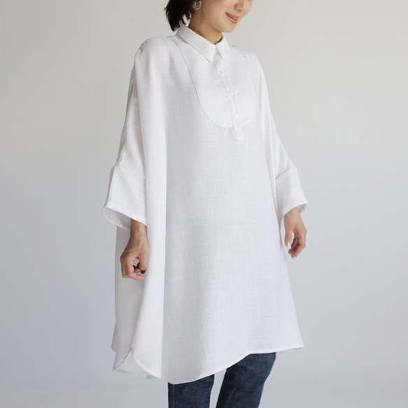 『 ドルマン幅広プルオーバー シャツ 』紗織コットンゆったりポンチョ チュニック白A92（sh132) 4枚目の画像