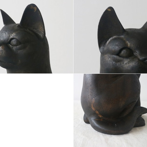 天然無垢ウッド 手彫り木彫りART “ 座る猫 ” 黒猫 クロネコ ネコ