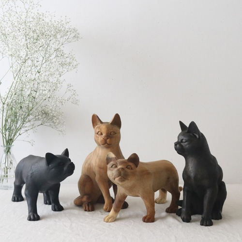 ネコ 猫 木彫 手描き オブジェ 置物 インテリア 工芸品 美術品 A1364