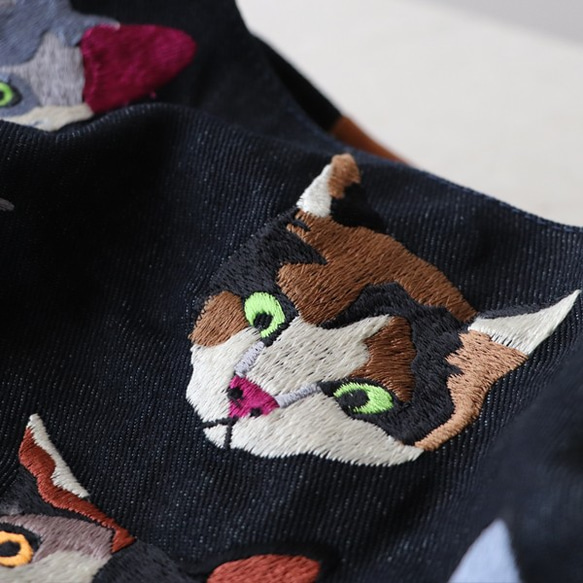 ag_121刺繍　　anvai オリジナル 刺繍 色どり猫 トートバッグ 墨黒デニム×レザーハンドル N89B 10枚目の画像