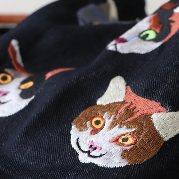 ag_121刺繍　　anvai オリジナル 刺繍 色どり猫 トートバッグ 墨黒デニム×レザーハンドル N89C 9枚目の画像