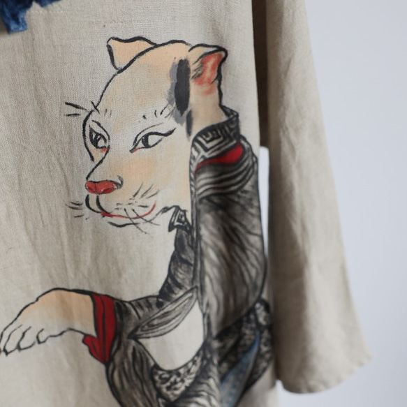 手描きART衣「招く猫」リネン１００％贅沢一枚布ワンピースゆったり着物ねこ和装R67A(dr004pk) 4枚目の画像