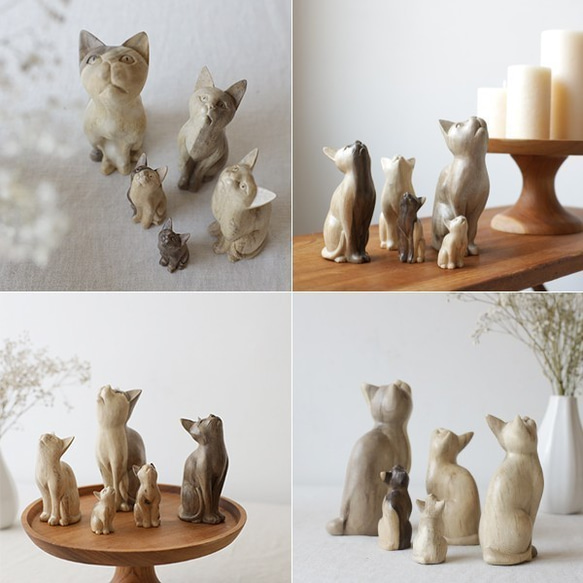 ●９月３０日まで家時間ＳＡＬＥ。【５匹セット】天然無垢ウッド手彫り木彫りART “上を向く猫家族 ” ネコ置物Q58S 4枚目の画像