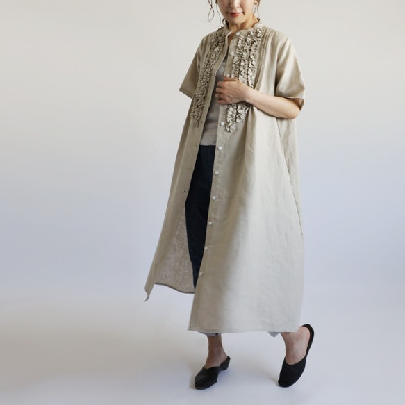 『 贅沢フリル ロング シャツ ワンピース 』上質リネン麻１００％ ブラウス 羽織 ナチュラル F55(dr001) 6枚目の画像