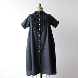 ⁑『 贅沢フリル ロング シャツ ワンピース 』上質リネン麻１００％ ブラウス 羽織 ブラック F56（dr001) 2枚目の画像