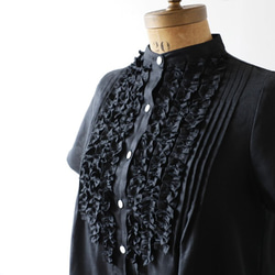 ⁑『 贅沢フリル ロング シャツ ワンピース 』上質リネン麻１００％ ブラウス 羽織 ブラック F56（dr001) 5枚目の画像