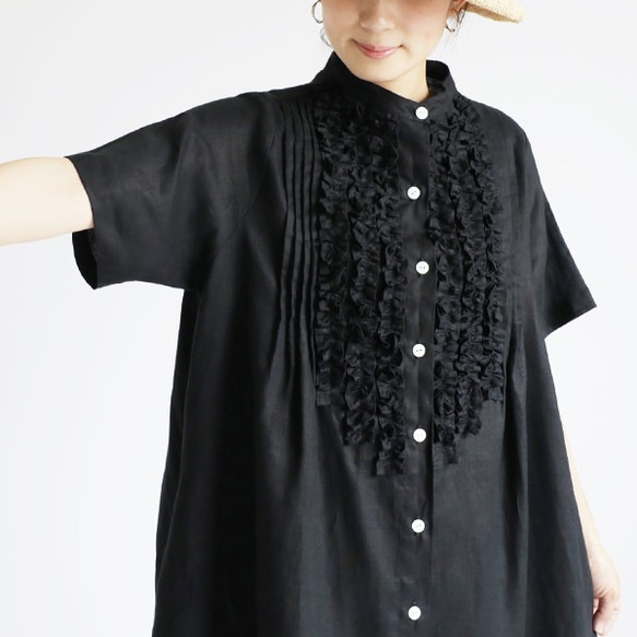 ⁑『 贅沢フリル ロング シャツ ワンピース 』上質リネン麻１００％ ブラウス 羽織 ブラック F56（dr001) 6枚目の画像