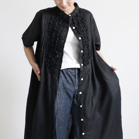 ⁑『 贅沢フリル ロング シャツ ワンピース 』上質リネン麻１００％ ブラウス 羽織 ブラック F56（dr001) 7枚目の画像