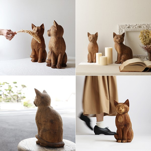 ●冬ごもりＰＲＩＣＥ●２匹セット【※要確認ＰＲＩＣＥ】 天然無垢ウッド木彫りART 座る猫 ネコ 置物Q87A 9枚目の画像