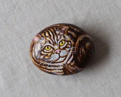 幸福の手描き石 ころんと手のり猫 ストーンアート ねこネコ インテリア