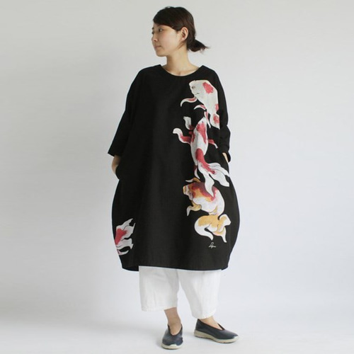 anvai手描きART衣「金魚図」ワンピース 贅沢一枚布仕立て  