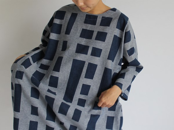＄オリジナル手捺染（てなっせん） 「石畳 文様」 夏に涼しい上質なリネンコットン贅沢 一枚布 ワンピース浴衣T29C 3枚目の画像