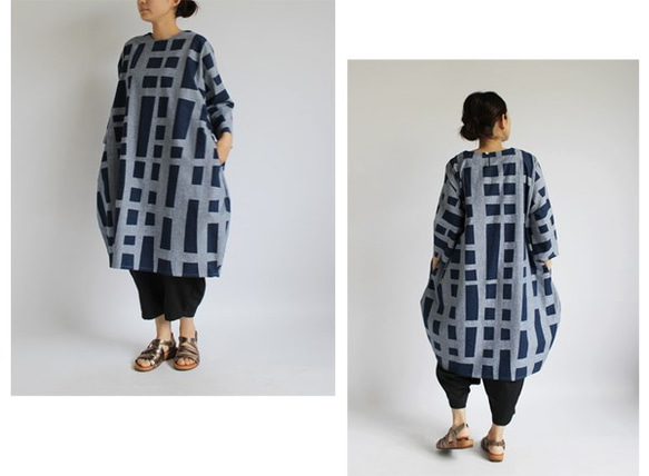 ＄オリジナル手捺染（てなっせん） 「石畳 文様」 夏に涼しい上質なリネンコットン贅沢 一枚布 ワンピース浴衣T29C 2枚目の画像