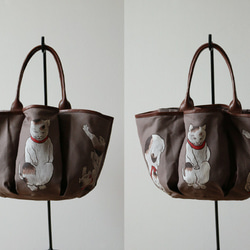 SALE　猫と出かける 手描き和画鞄 帆布キャンバス  革レザー花ポケット トートバッグN91B 2枚目の画像