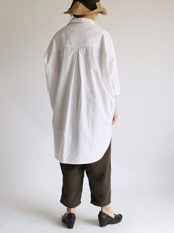 最終PRICE　紗織コットン100% 白シャツ ワイド プルオーバー ロングシャツ ブラウス ホワイトB51A 3枚目の画像