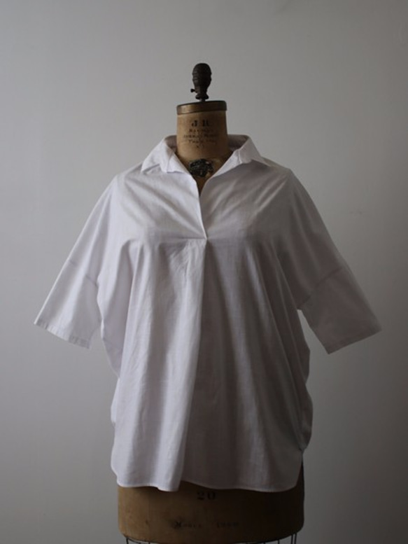 最終PRICE　紗織コットン100% 白シャツ ワイド プルオーバー ロングシャツ ブラウス ホワイトB51A 6枚目の画像