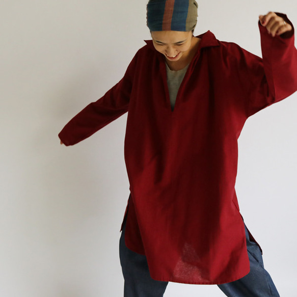●最終SALE　ガーゼ織り ざっくり織ったコットン100％ スキッパー　ロングシャツ　ワンピース　A01C 2枚目の画像