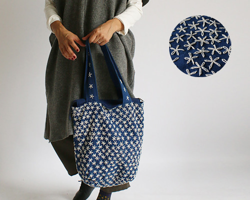 SALE セレクト鞄 NAILさんの刺し子刺繍バッグ 藍染布に白木綿糸