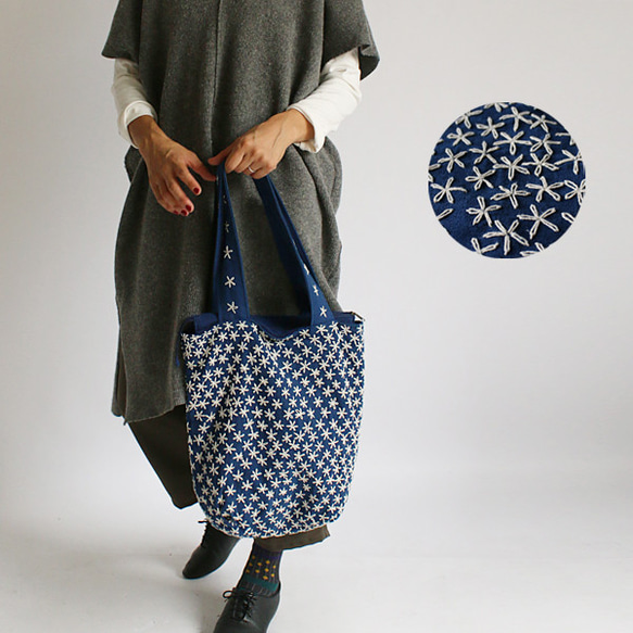 SALE セレクト鞄 NAILさんの刺し子刺繍バッグ 藍染布に白木綿糸