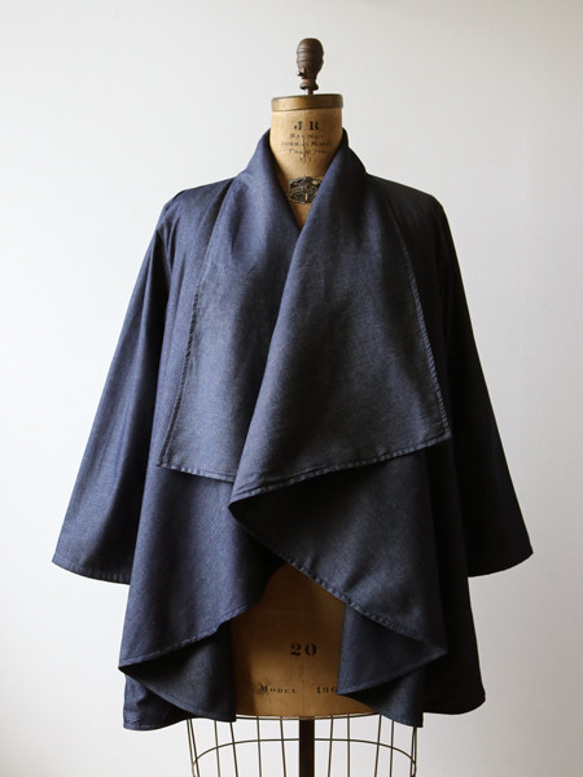 甘織DENIMコットン100%  羽織りローブコート 贅沢２枚重ね生地使い Y51 2枚目の画像
