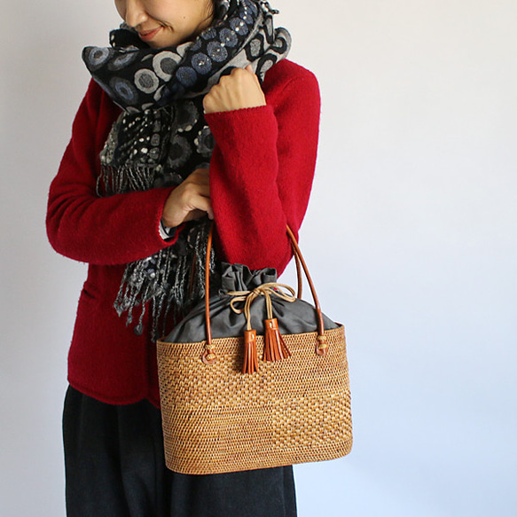 ラスト1点！！！オリジナル伝統工芸アタかごバッグ巾着袋＆タッセル付き鞄ハンドバッグ和装 W51 5枚目の画像