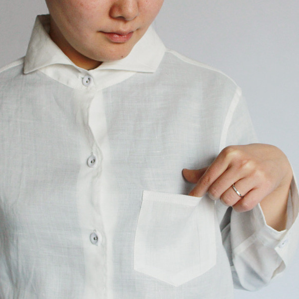 SALE　天然リネン麻100％ 平穴くるみボタン ブラウス  羽織り 燕尾裾 長袖 ホワイトF31 10枚目の画像