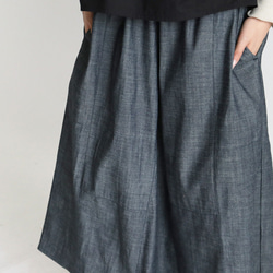 SALE　８０cm丈 リネン100％ デニム織り フレアスカート パッチワークスカート  F49 4枚目の画像
