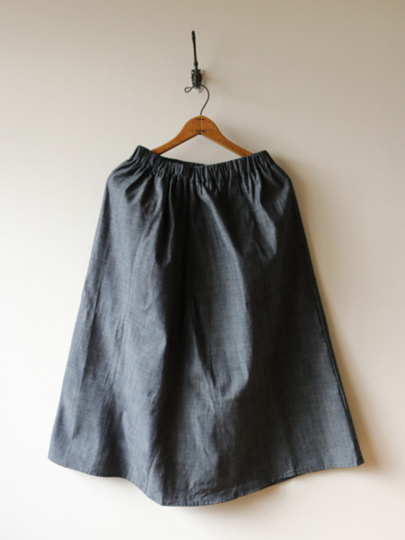 SALE　８０cm丈 リネン100％ デニム織り フレアスカート パッチワークスカート  F49 6枚目の画像