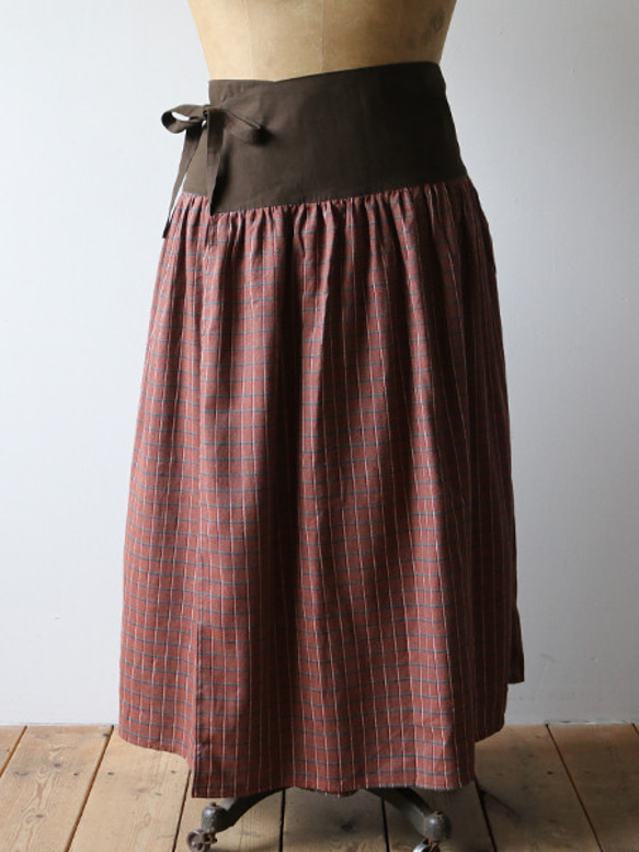 SALE　ウエストsize自由自在  cotton100%チェック柄 巻きスカート F72C 3枚目の画像