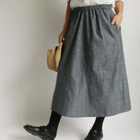 夏到来SALE！！ ８０cm丈 リネン100％ デニム織り フレアスカート パッチワークスカート  K50 1枚目の画像