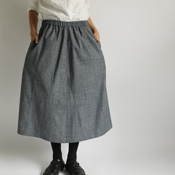 夏到来SALE！！ ８０cm丈 リネン100％ デニム織り フレアスカート パッチワークスカート  K50 2枚目の画像